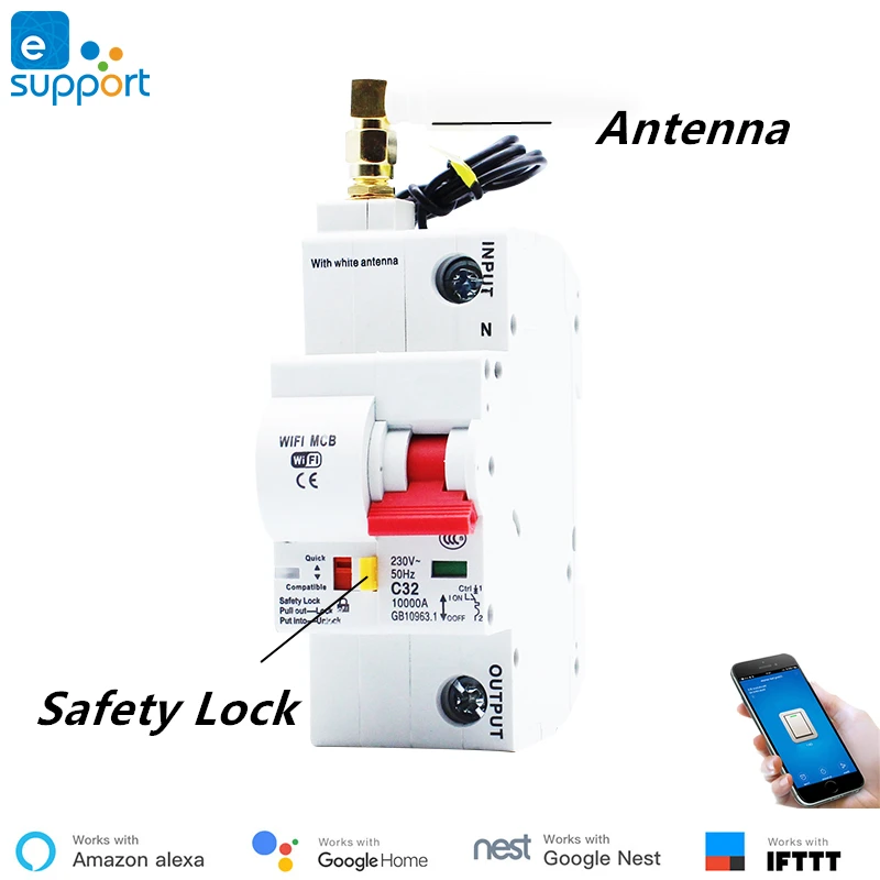 63A eWelink WiFi Smart Circuit Breaker Interruptor automático Proteção contra sobrecarga e curto-circuito, funciona com Alexa e Google Home