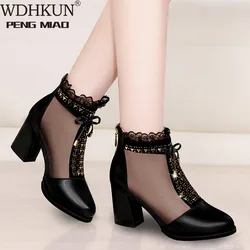 2021 Best-Selling Cowhide Mesh Bow Summer Shoes High Heel Women Sandals Shoes Summer Sandals Fish Mouth Black Leather Sandals