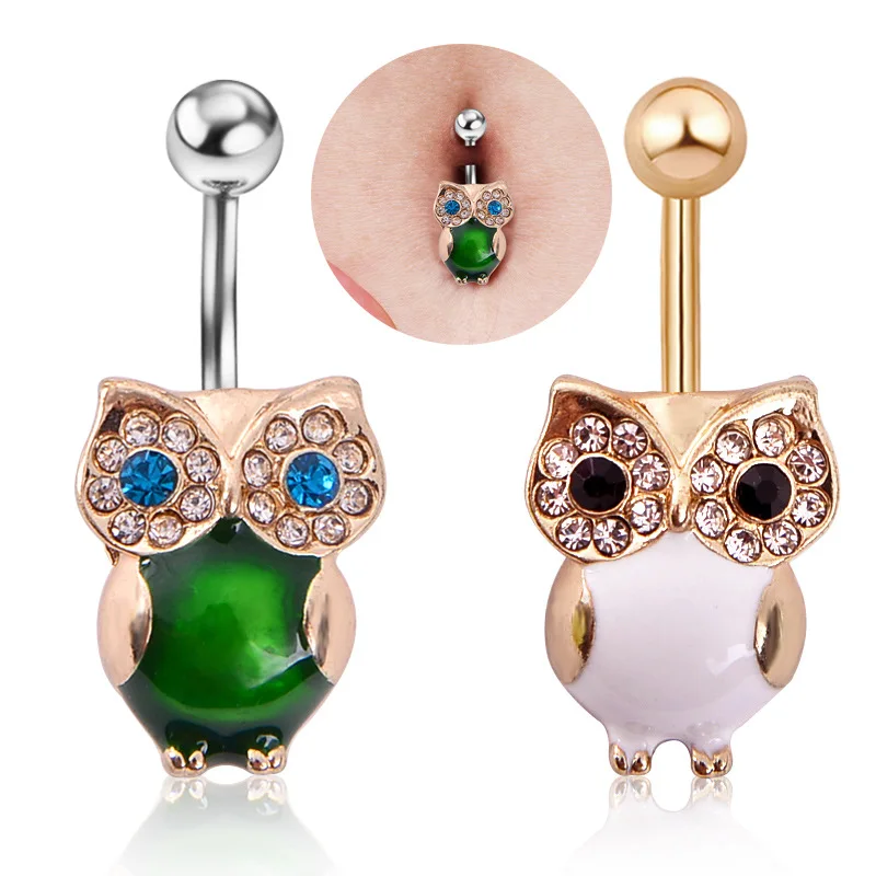 

12pcs/lot Cute Owl Shaped Belly Ring Stainless Steel Belly Button Ring Fashion Navel Bars Crystal Ferido Body Piercing Jewelry