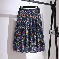 150Kg Plus Size Vrouwen Lente Zomer Retro Bloemen Chiffon A-lijn Rok 5XL 6XL 7XL 8XL 9XL Losse Elastische taille Rok Navy