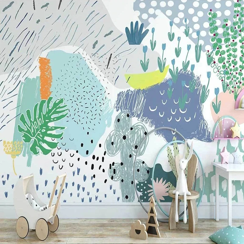 Custom Nordic Fresh Plants Abstract Color Geometric Wallpaper wall Cloth hildren's Room Cartoon Background Wall Home Decor Mural
