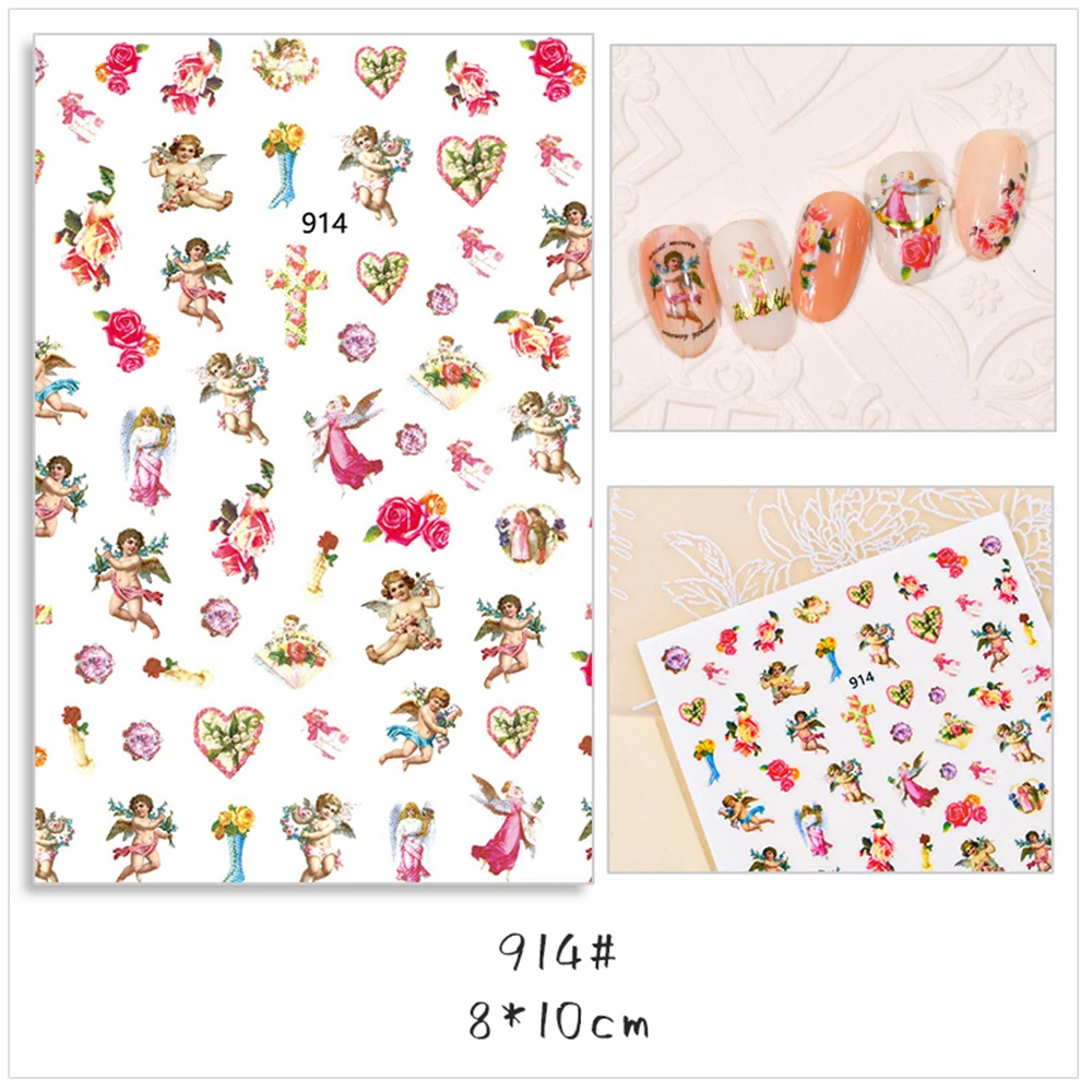 Angel Cupid Flower 3D Back Glue Nail Sticker Nail Decals Jesus Christ Colorful Religious Series Self Adhesive Sticker Decoration