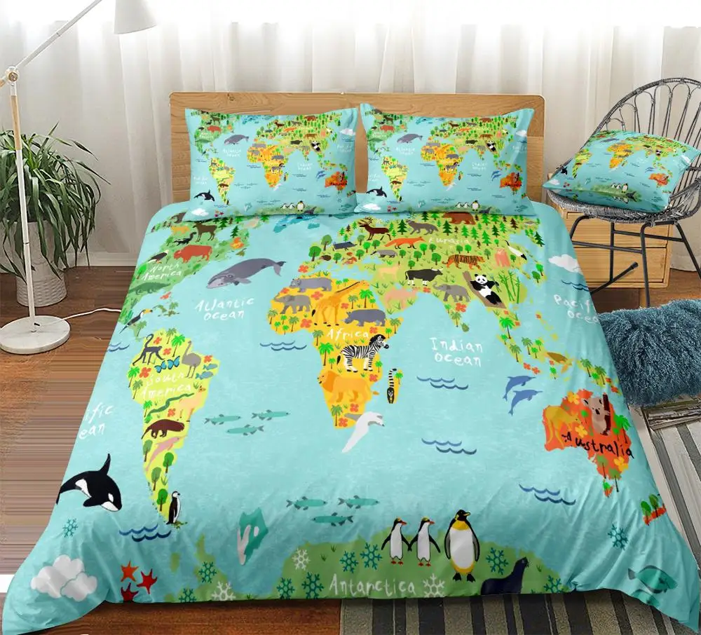 Cartoon Map Duvet Cover Set Map with Animals Sightseeing Attraction Bedding Kids Boys Girls Animal Map Quilt Cover King Dropship