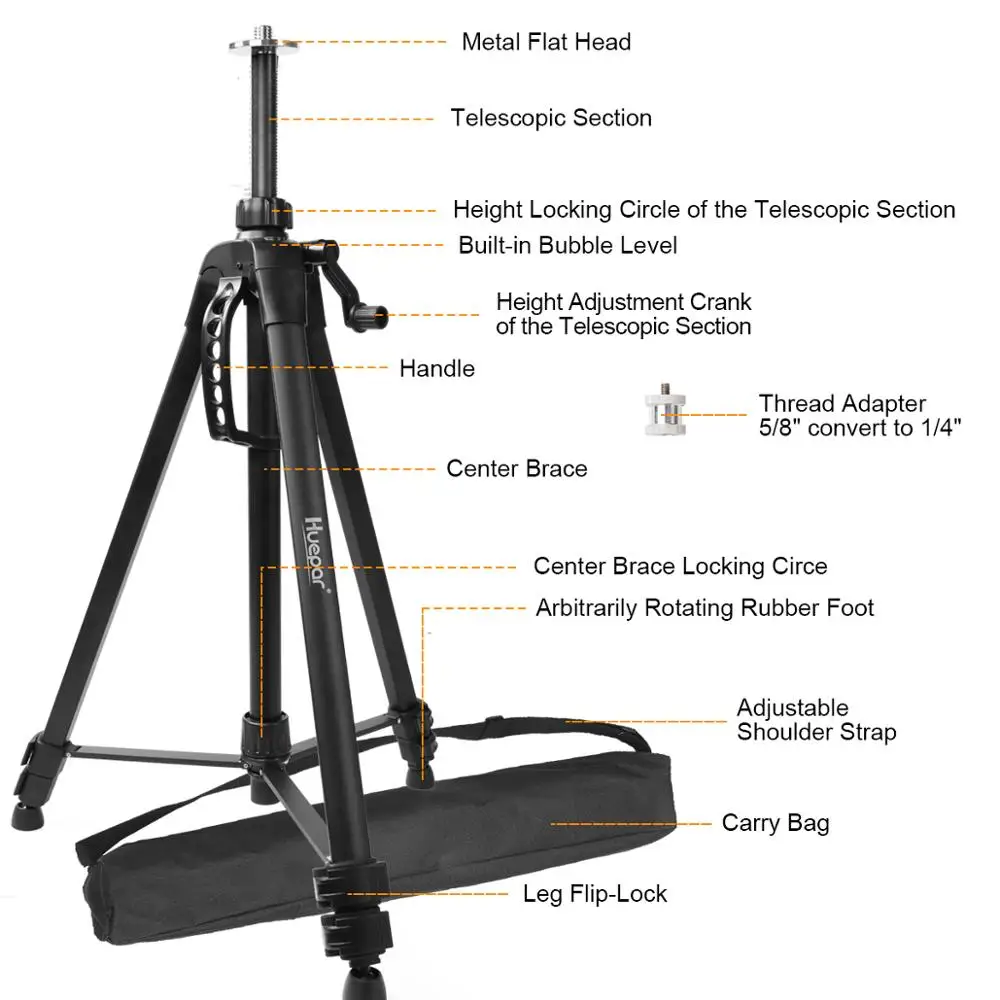 Huepar 1.6M Laser Level Tripod Aluminum Flat Head Adjustable Height Tripod Stand with Handle Bubble for Self leveling Level