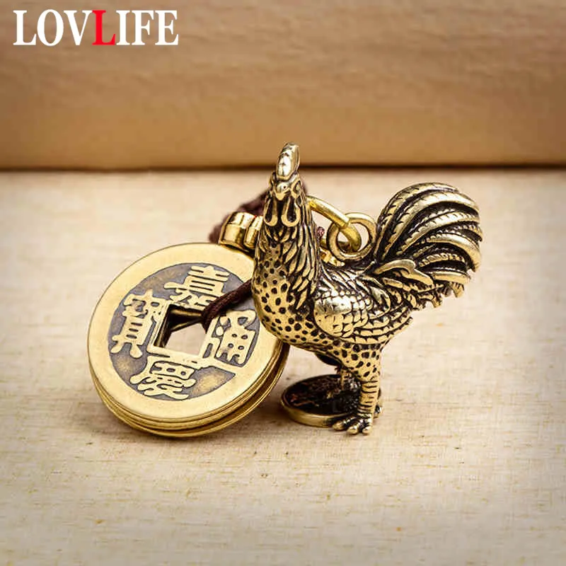 Pure Brass Animal Cock Car Key Chain Pendants Handmade Rope Ancient Chinese Five Emperors Coins Feng Shui Lanyard Men Keychains