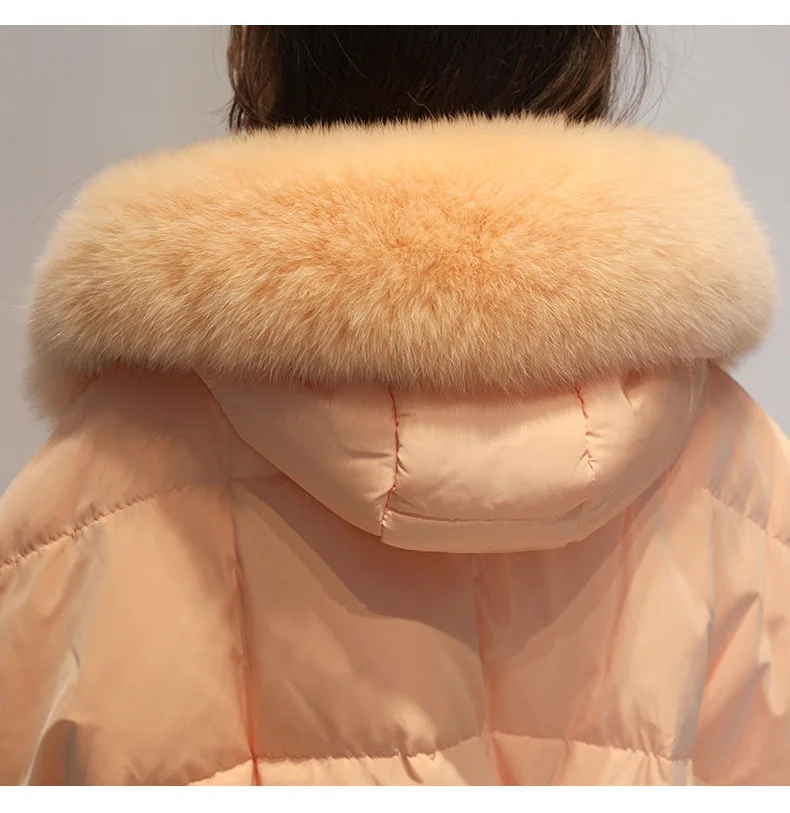 Korean Fashion Down Coat Parka Women Long Warm Winter Jackets Fox Fur Collar Hooded Down Coats Womens Candy Colors Down Outwear