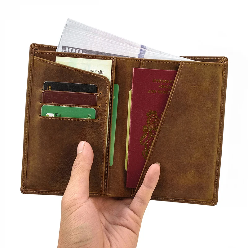 Crazy Horse Leather Cash Passport Card Holder Retro Card Case Man Women Long Wallets Men Cowhide Business Travel Passport Holder