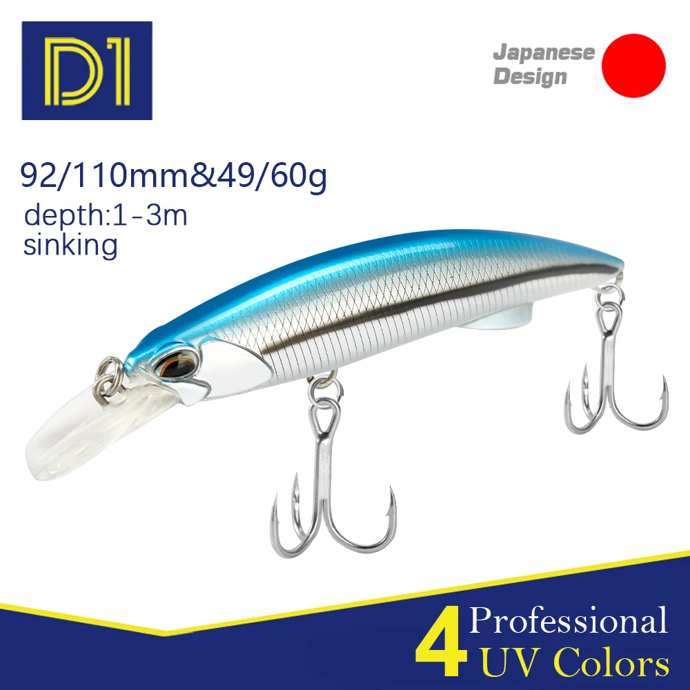 D1 Heavy Minnow Sinking Wobblers Fishing Lures 92mm/110mm High Quality Laser Artificial Hard Bait Tackle 2020 DT5005