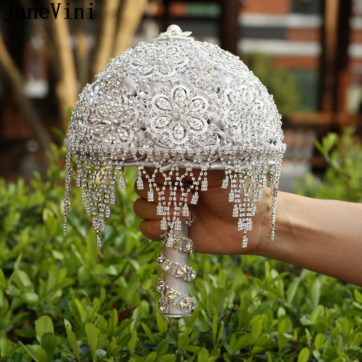 JaneVini-ramos de novia de lujo con diamantes completos, joyas plateadas grises, rosas artificiales de satén de cristal ostentoso, accesorios de