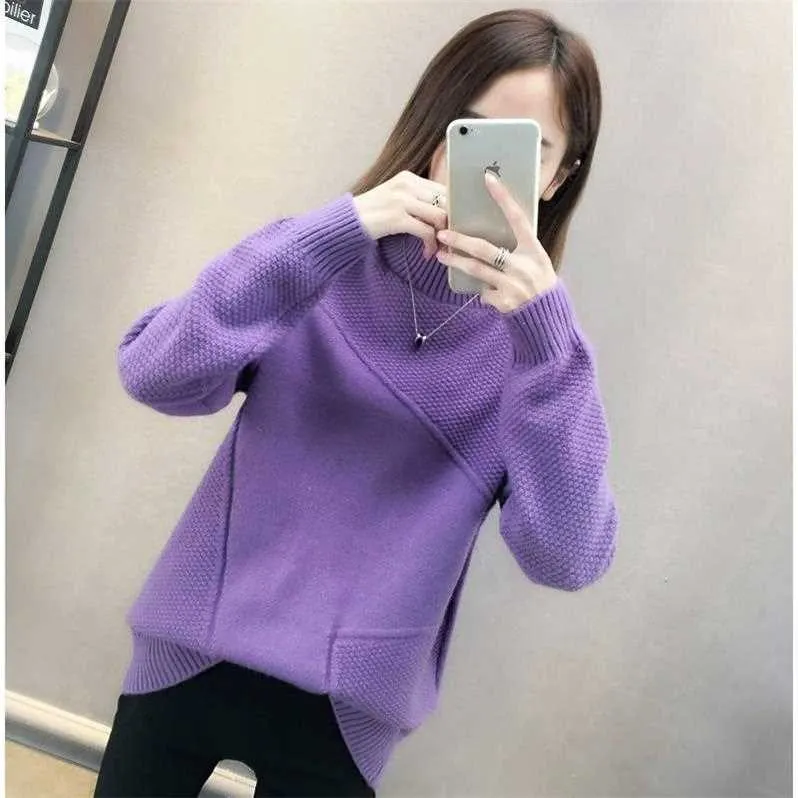 New 2019 Loose Warm Autumn Winter Pullover Sweater Women Jumper Half Turtleneck Long Sleeve Knit Purple Sweater Female NS4380