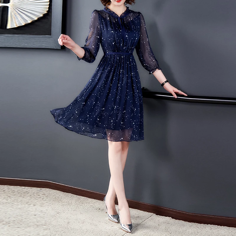 LUKAXSIKAX 2023 New Spring Summer Women Elegant Slim Dress Korean Fashion Starry Sky Floral Navy Blue Chiffon Dress