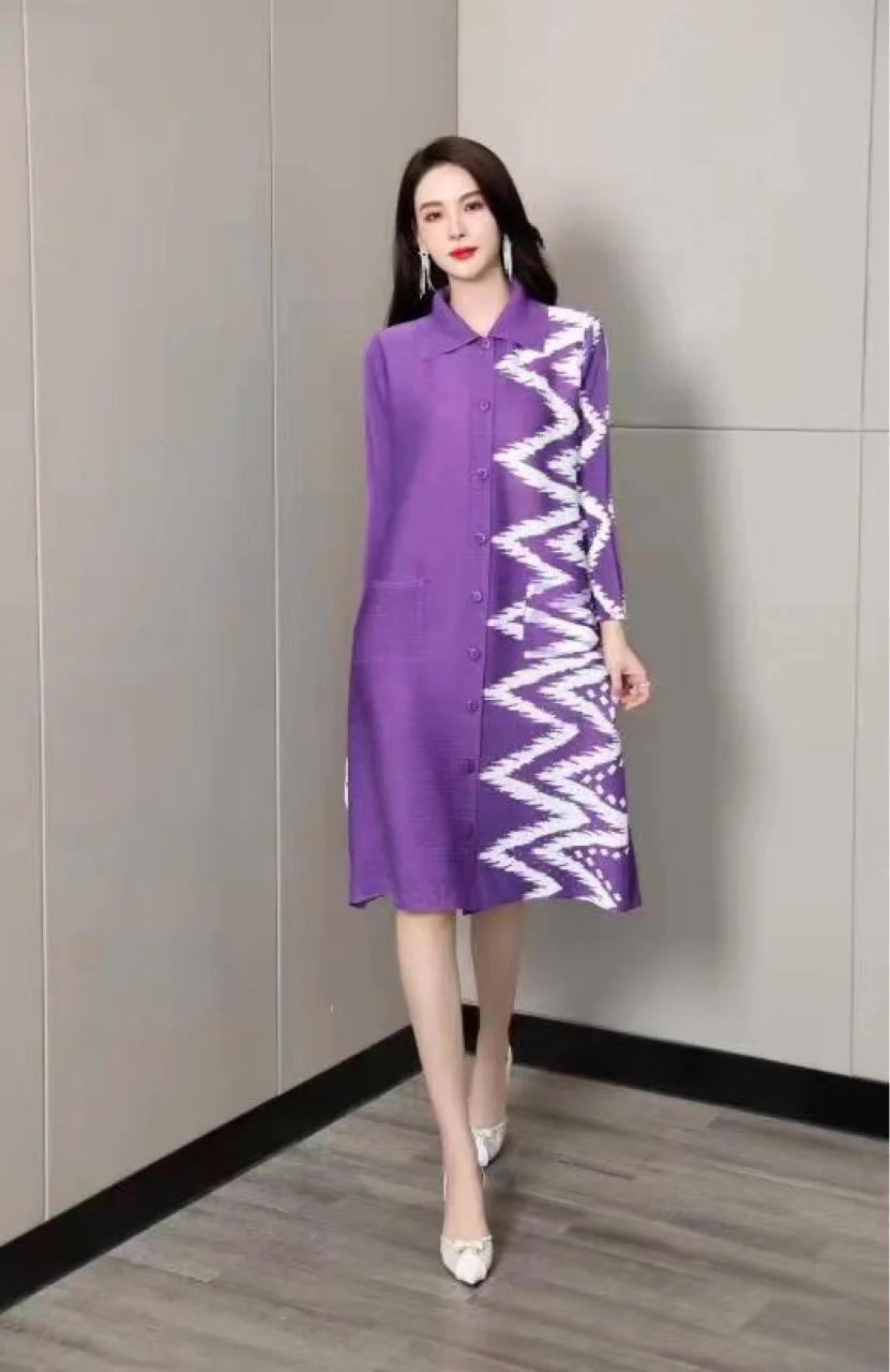 Imagem -03 - Miyake Vestido Plissado Feminino com Manga Comprida Jaqueta de Gola Solta de Temperamento Médio e Longo 2023