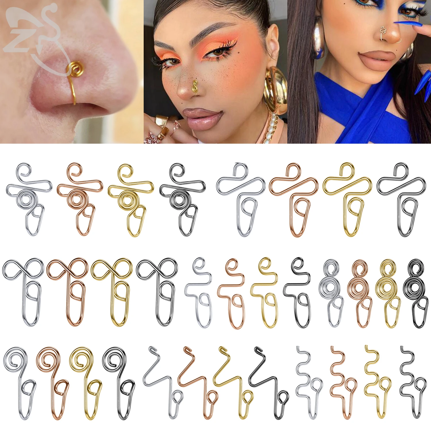 ZS 1 PC Spiral Stainless Steel Nose Cuff For Women Men Geometric Non Piercing Nose Ring 4 Colors Fake Nostril Piercings Jewelry