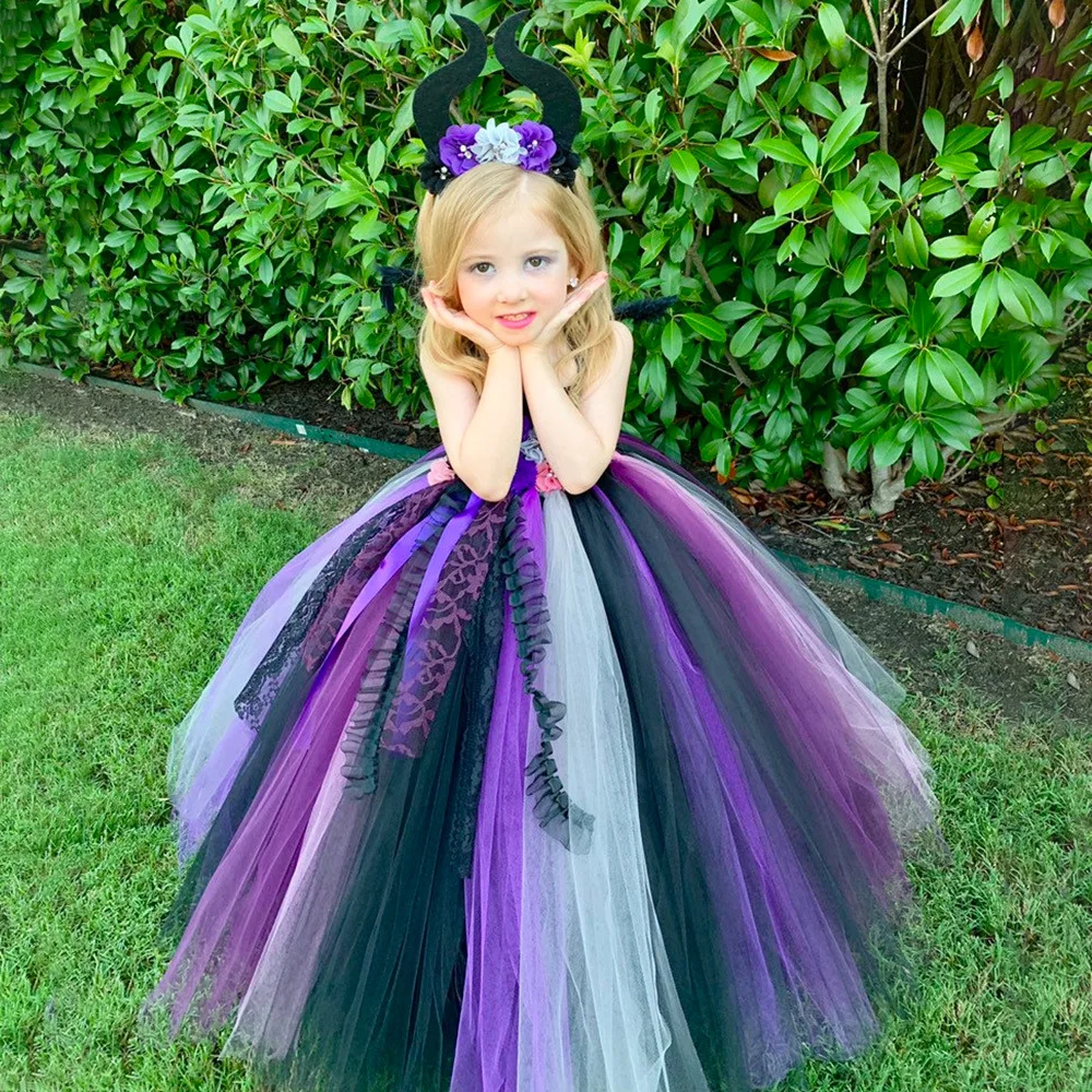 Girls Maleficent Witch Tutu Dress Kids Crochet Flower Dress Tulle Lace Ball Gown Children Halloween Party Cosplay Costume Dress