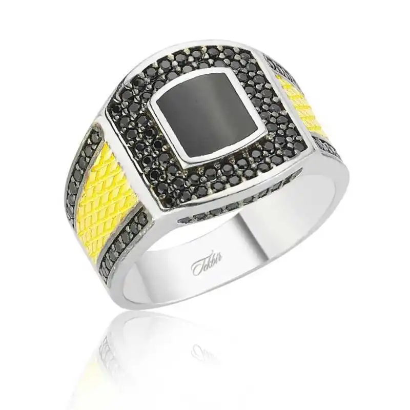 Silver Black Stone Men's Ring - 925 Sterling Men's Jewelry Wedding Birthday Gift - Box - Men - Fashion - Botiva - Size - Turkish - Patterned Embroidery