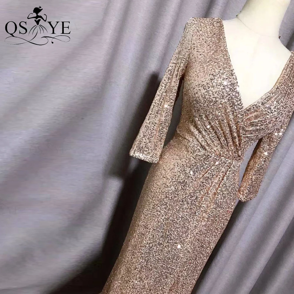 QSYYE Sparkle Gold Evening Dress Fit Mermaid Long Sleeves Evening Gown Glitter V Neck Split Party Dress Sequin Formal Gown 2021