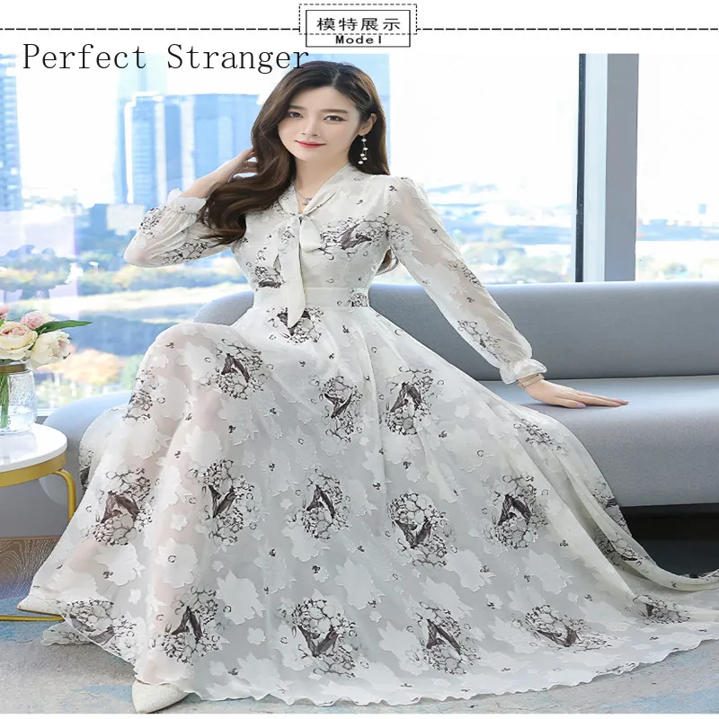 2021 Spring Autumn  New Arrival  S-4XL Korean Bow Collar  Jacquard Long Sleeve Woman Chiffon Long Dress