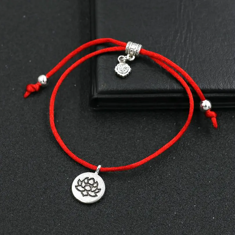 Buddhism Silver Color Red Rope Thread Cords Chakra OM Lotus Buddha Bracelets Girl Boy Kids Couples Love Lucky Jewelry Pulsears