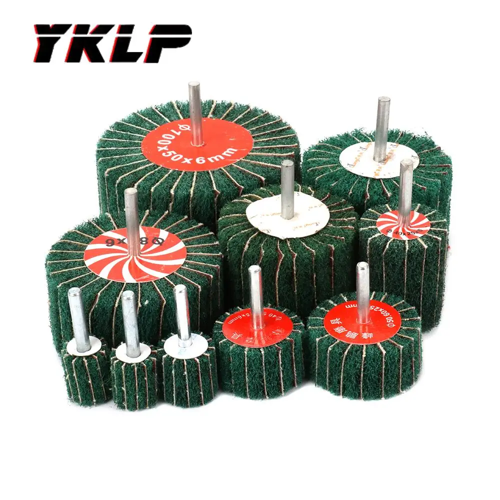 Rueda de pulido de papel de lija con solapa no tejida de 20 ~ 100 mm para vástago de metal de grano 180 de 1/4"