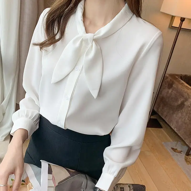 Elegant Bow Collar Solid Chiffon Shirts Fashion Office Lady Pullovers Blouses 2023 Spring Autumn New Commuter Women\'s Clothing