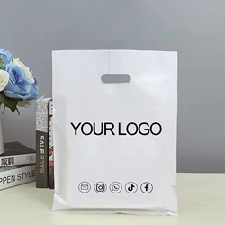 50pcs Custom logo White Shopping Bags Merchandise Plastic Glossy Retail Bags for Shopping, Party Favors, Parties,Handle Bags