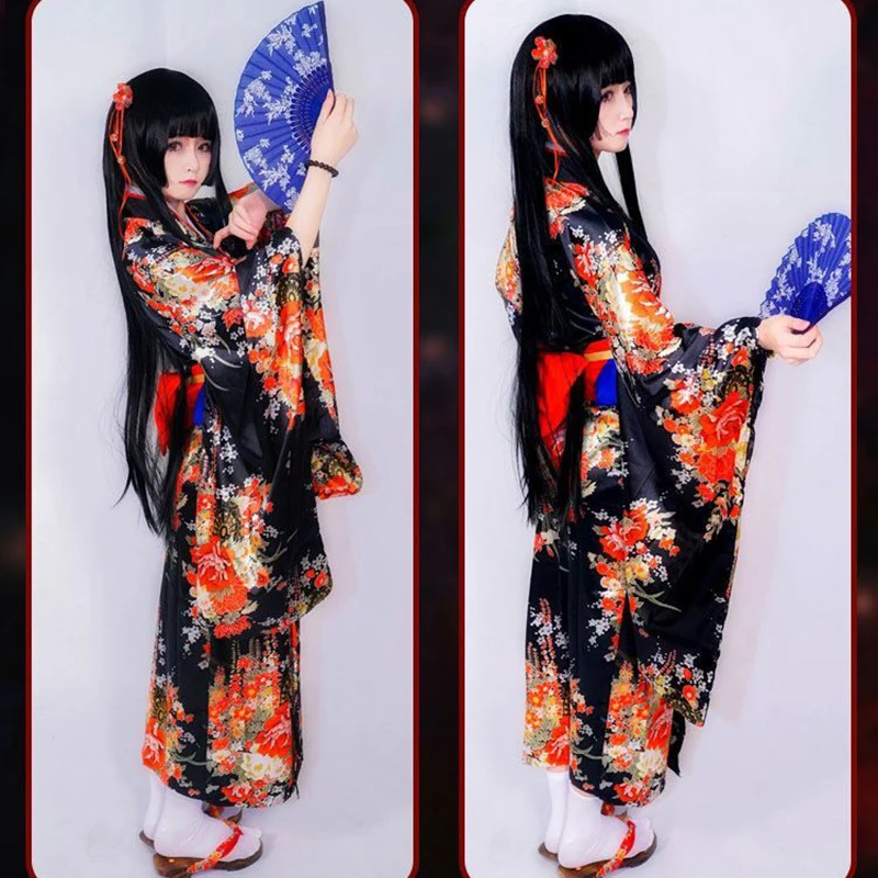 Jigoku Shoujo Enma Ai Maid Dress Kimono Yukata Uniform Outfit Anime Cosplay Costumes Kimono + Belt + bowknot + Waist rope *2