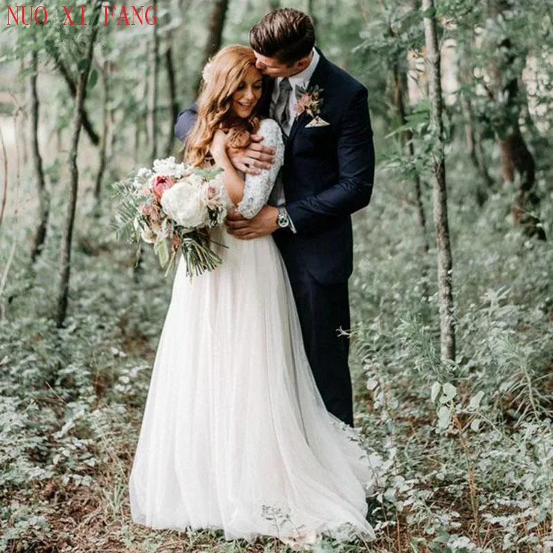 NUOXIFANG V Neck Lace Half Sleeve Boho Tulle Wedding Dress Open Back Simple Princess Bride Dress Custom Made Wedding Gowns 2022