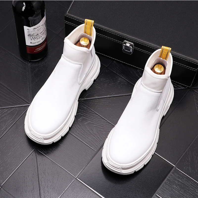 men casual party nightclub dress chelsea boots black white genuine leather shoes handsome platform bottes hommes ankle botas man