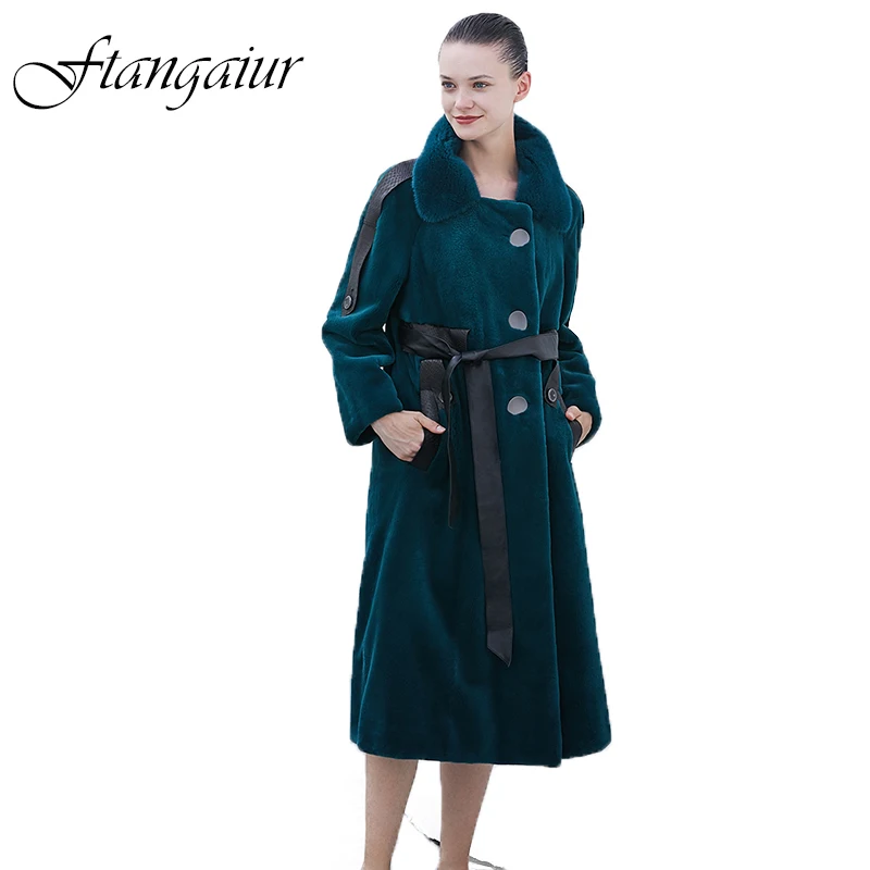 Ftangaiur Winter Import Velvet Mink Coat Turn-Down Collar Sashes Slim Mink Coat Women X-Long Real Natural Mink Fur Coats