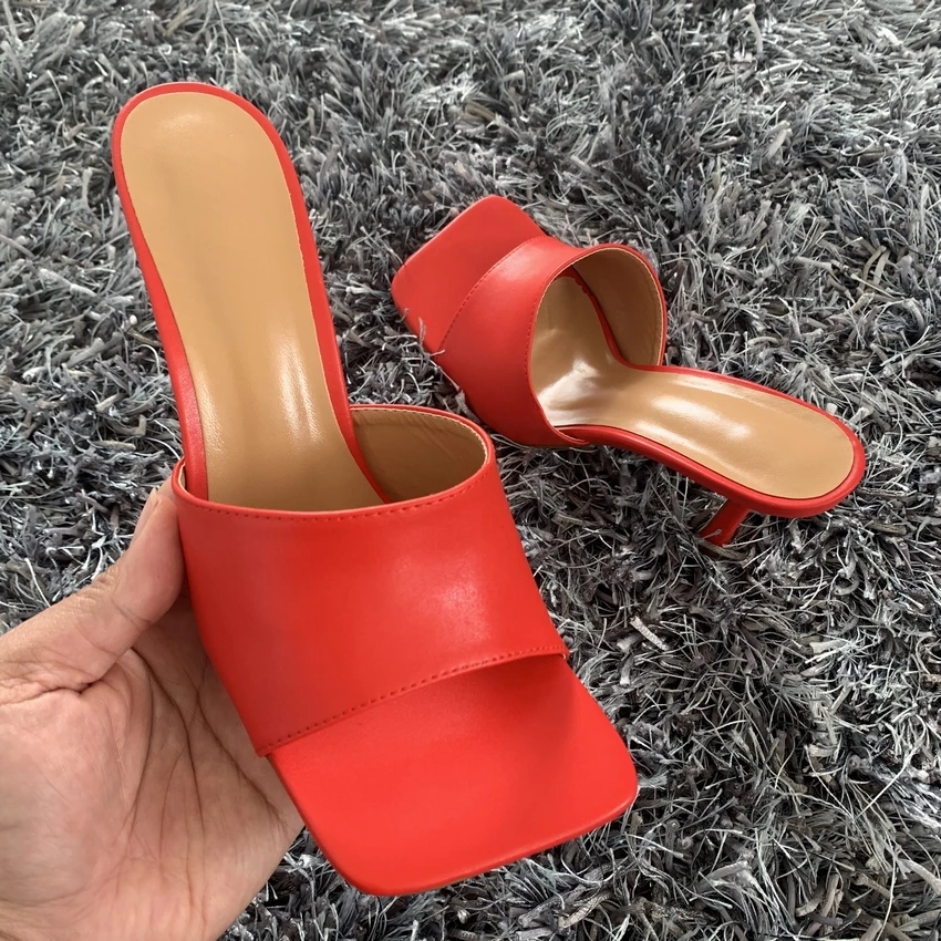 2020 New Arrivals Women Fashion Slippers High Heels Sandals Slides Square Toe Slip On Square Toe Mules Shoes Woman Summer Slides