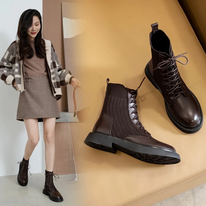 2021 New Autumn/Winter Women Shoes Cow Leather Round Toe Low Heel Boots Women Casual Short Boots for Women Female Modern Boots