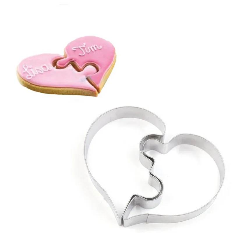 2 Pcs Heart Cookie Molds Left Right Heart Shaped Cookie Cutter Funny Love Wedding Puzzles Romantic Cookies Mold Biscuits Stamp