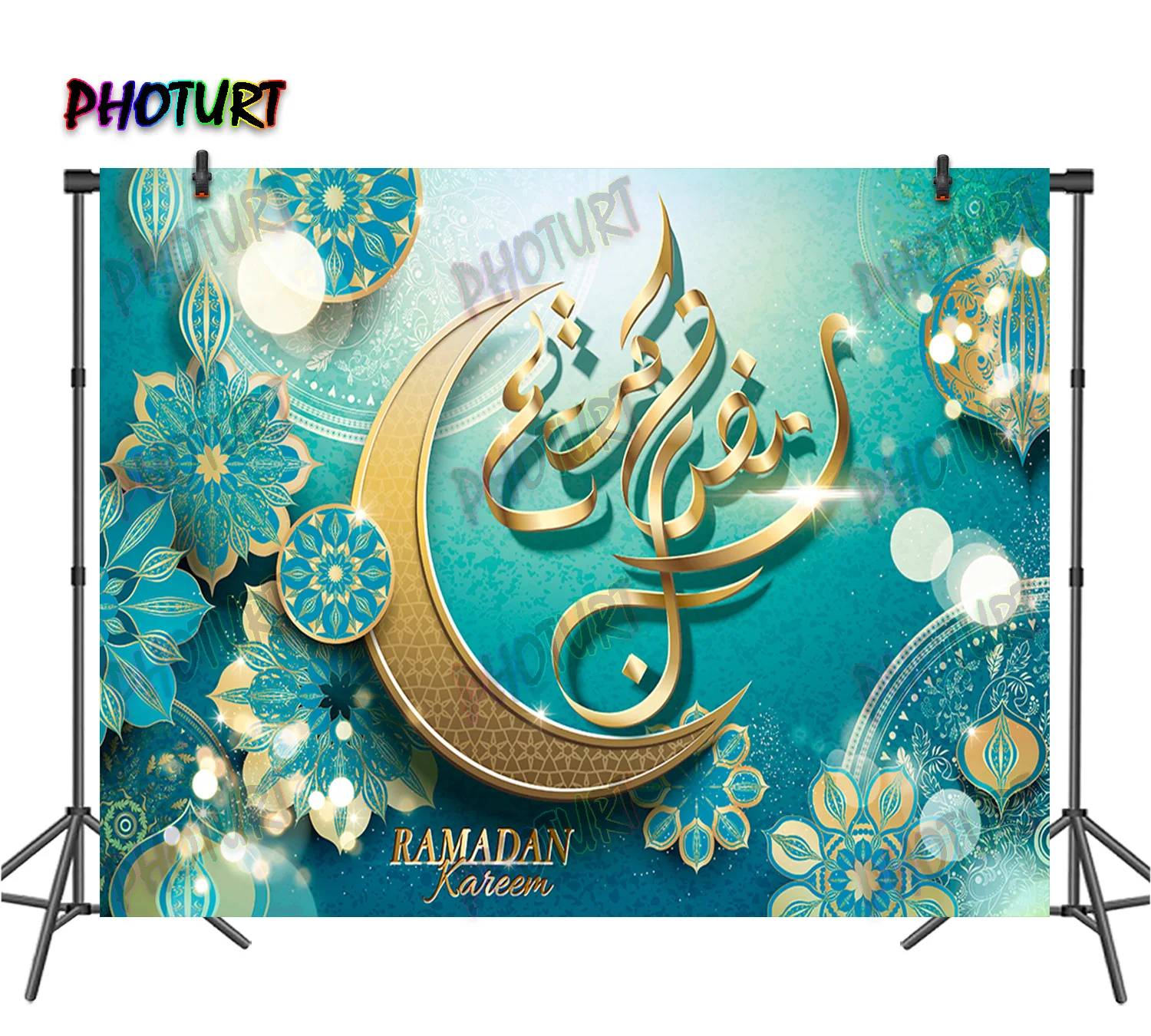 PHOTURT Ramadan Kareem Backdrop Islam Festival Banner Religious Totem Golden Moon Background Polyester Vinyl Decorate Props