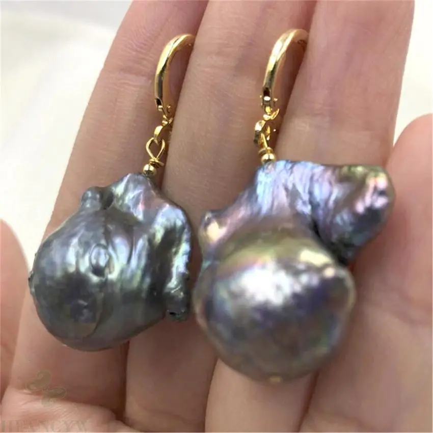 13-14MM ogromne czarne barokowe kolczyki 18K zลocenie TwoPin earbob morze poลudniowe zielona rdza dangler party