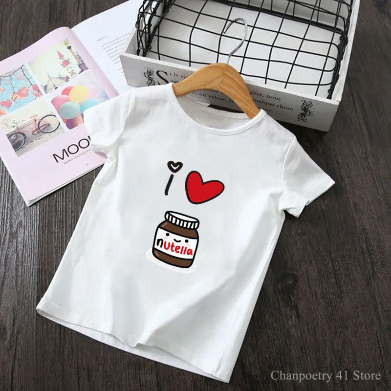 Camiseta con estampado de I Love Nutella para niños, camisetas blancas de manga corta con cuello redondo para niñas, ropa para niños de 7 a 8 años