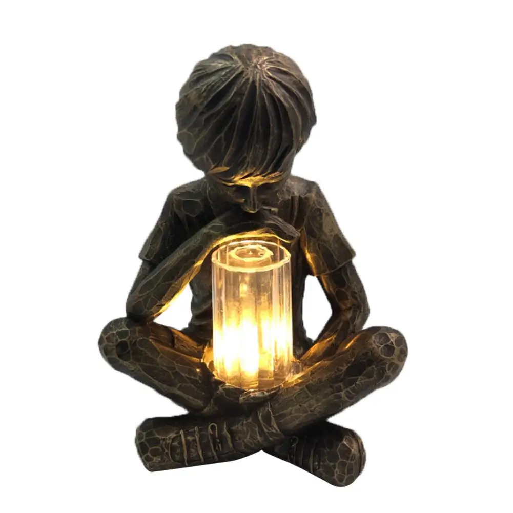 Innovative Yard Art Retro Little Boy Sculpture Lamp Prodigy Statue Light Outdoor Courtyard Garden Decoration Resin Craft Art