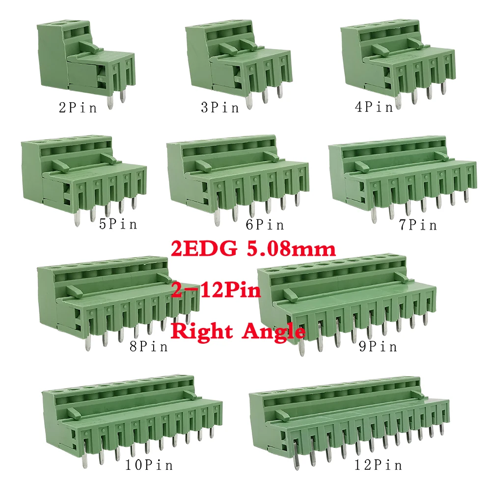 ブロックコネクタ2/3/4/5/6/7/8/9/10/12ピン2edg 5.08mm,直角端子台,ピン5.08mm