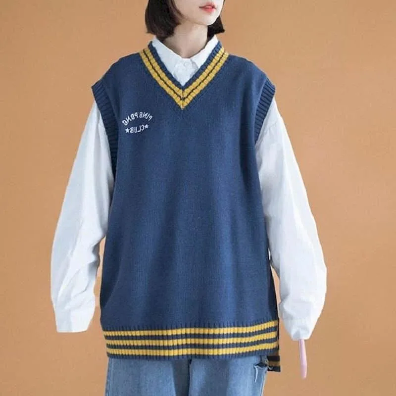 

2022 spring autumn sweater vest Korean preppy style clean temperament v-neck knitted loose men women's cool streetwear tops