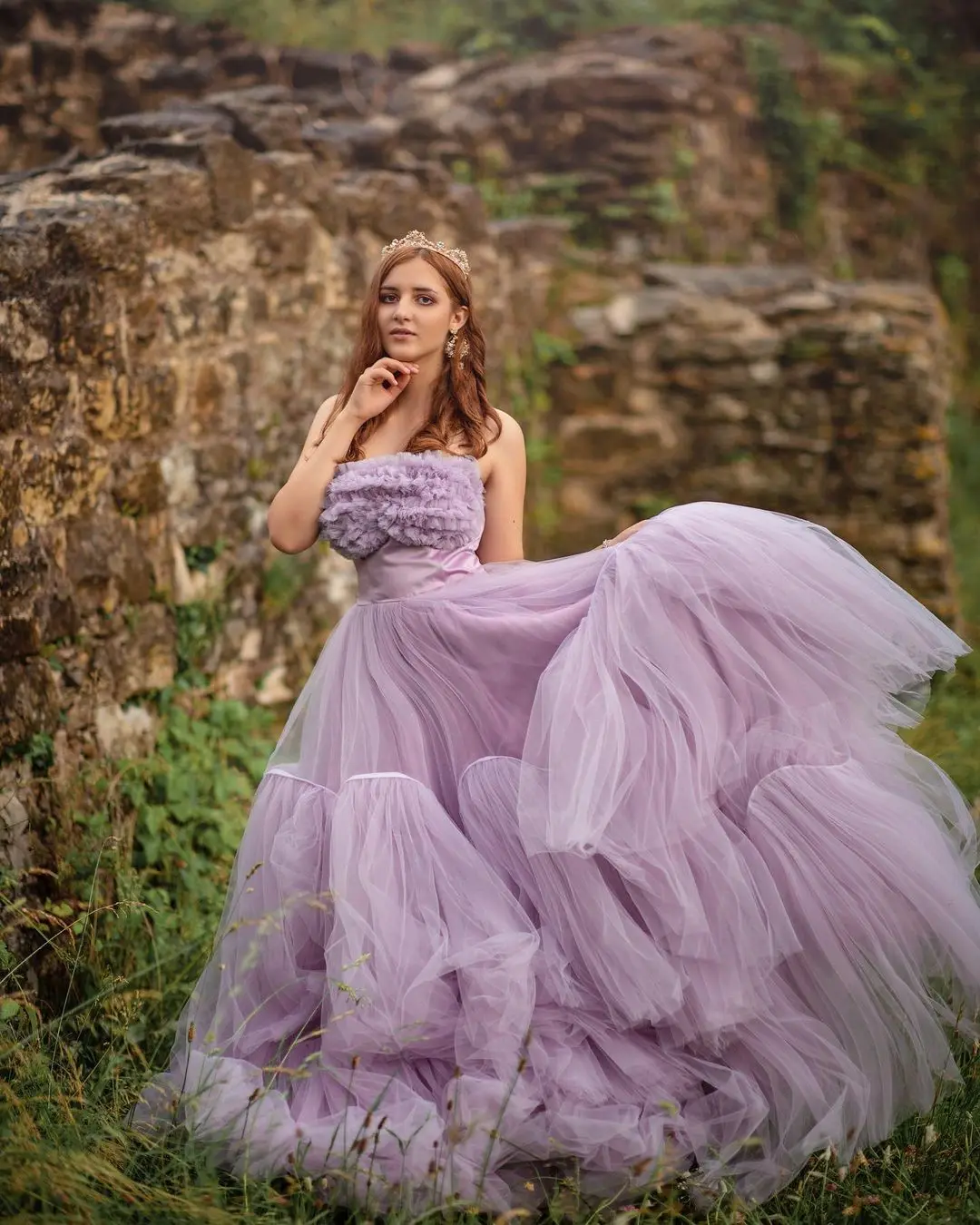 Vestidos de Noche de color púrpura claro para mujer, Vestido largo de fiesta con volantes sin tirantes, de tul en capas, de fiesta, de talla grande, para boda