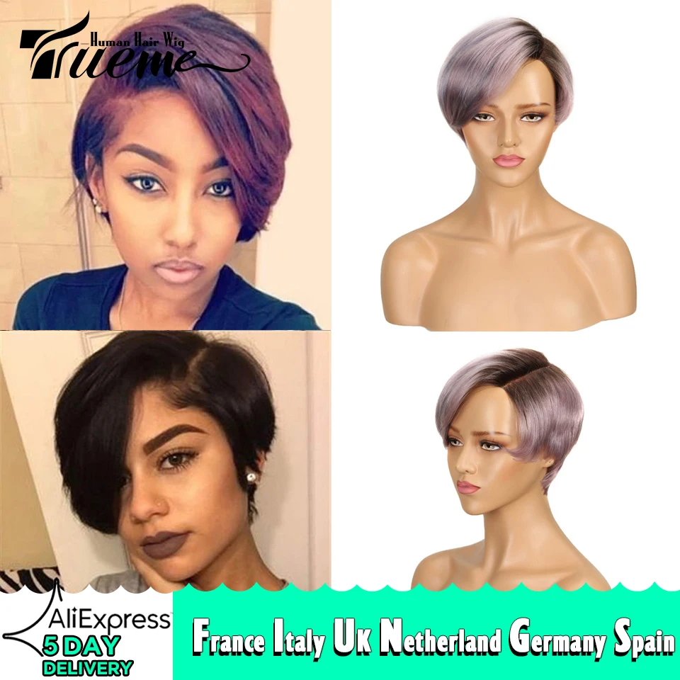 Trueme Pixie Cut Bob Menselijk Haar Pruiken Ombre Blonde 613 Paars Rood Menselijk Lace Pruik Voor Vrouwen Remy Braziliaanse Haar L Deel Lace Pruik