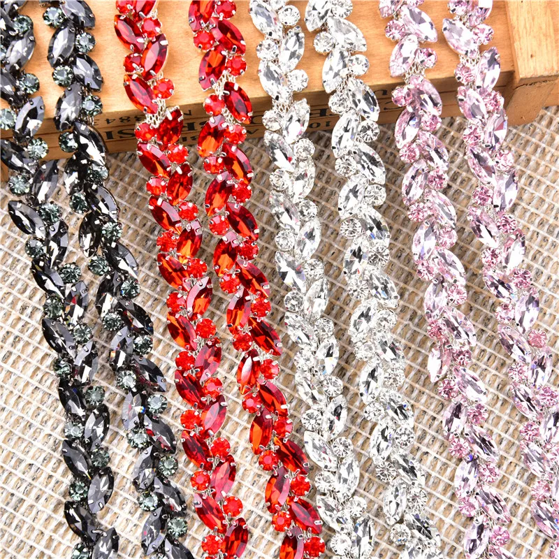 1 Yard Dense Horse Eye Crystal Diamond Applique Chain Glass Rhinestone Trim Sew On Clothing Diy Decorations Jewelry Accessories