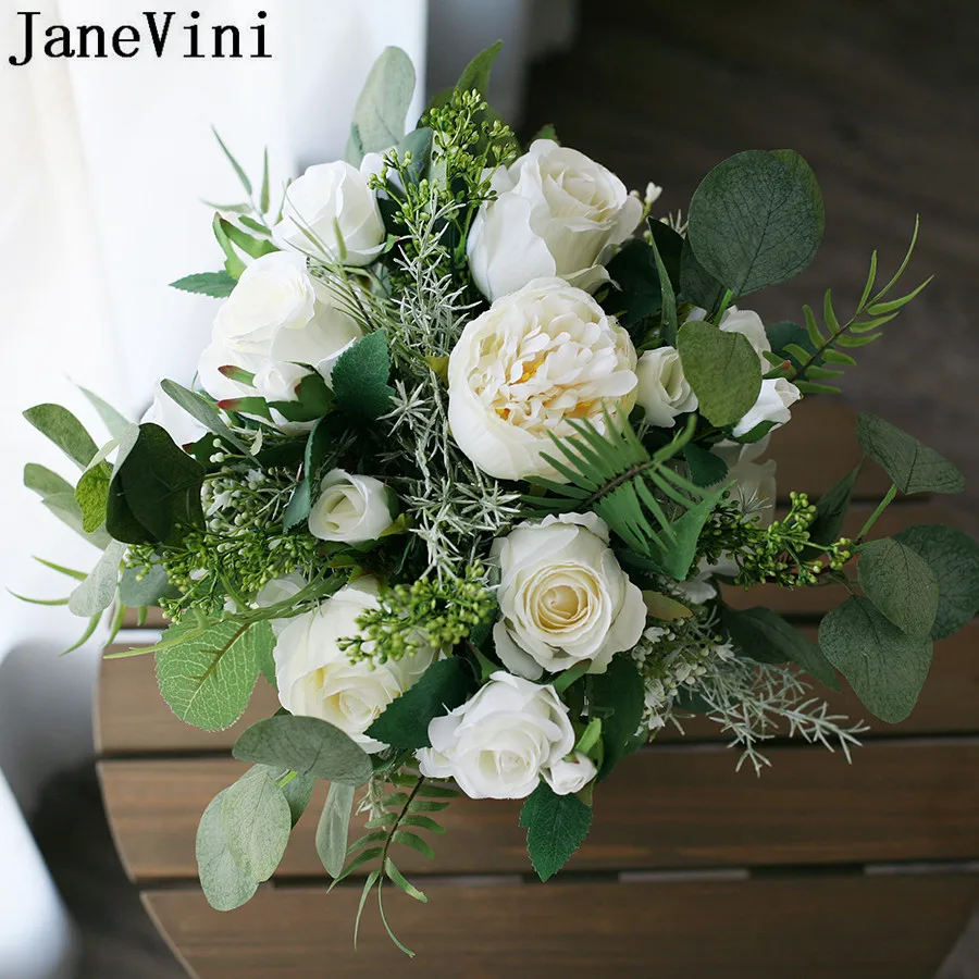 JaneVini Ins Nordicสไตล์งานแต่งงานเจ้าสาวดอกไม้สีขาวประดิษฐ์RoseสีเขียวEucalyptusผ้าไหมเจ้าสาวBouquet De Mariage Champêtre