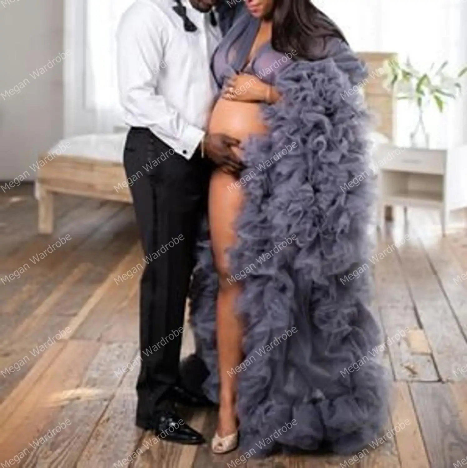 Charming Dark Grey Tulle Maternity Robes Long Sleeves Extra Fluffy Tulle Dressing Gowns For Pregnancy Long Tulle Dress