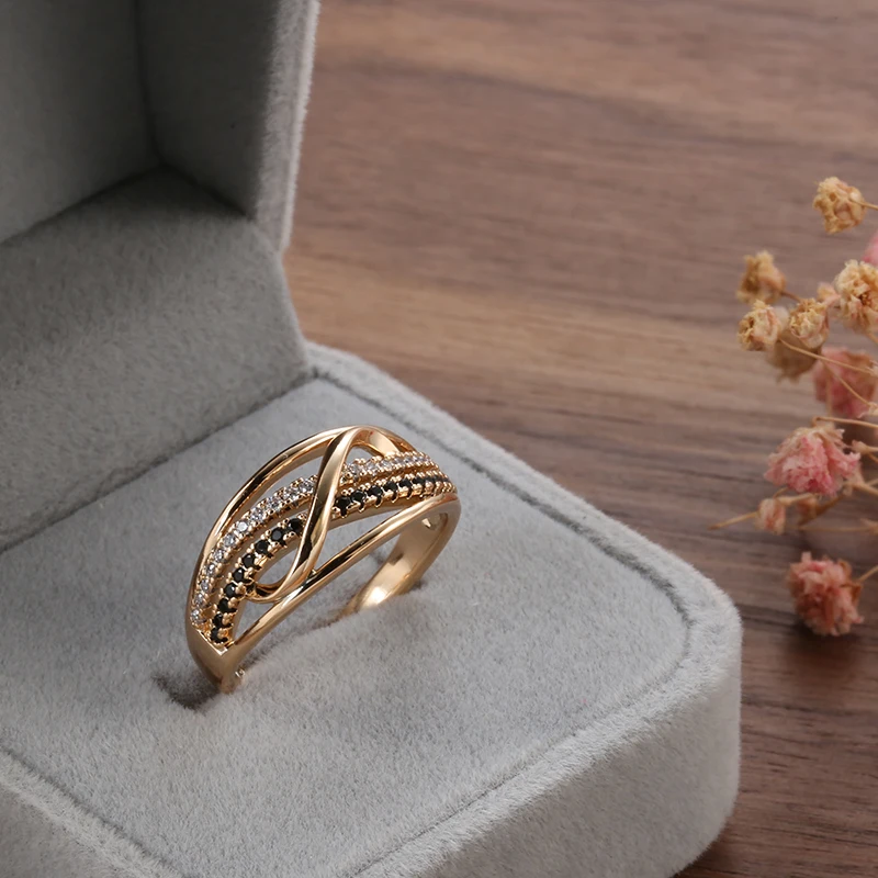 Kinel New Ring 585 Rose Gold With Black Natural Zircon Fashion Waves Rings for Women High Quality Daily Fine Vintage Jewelry