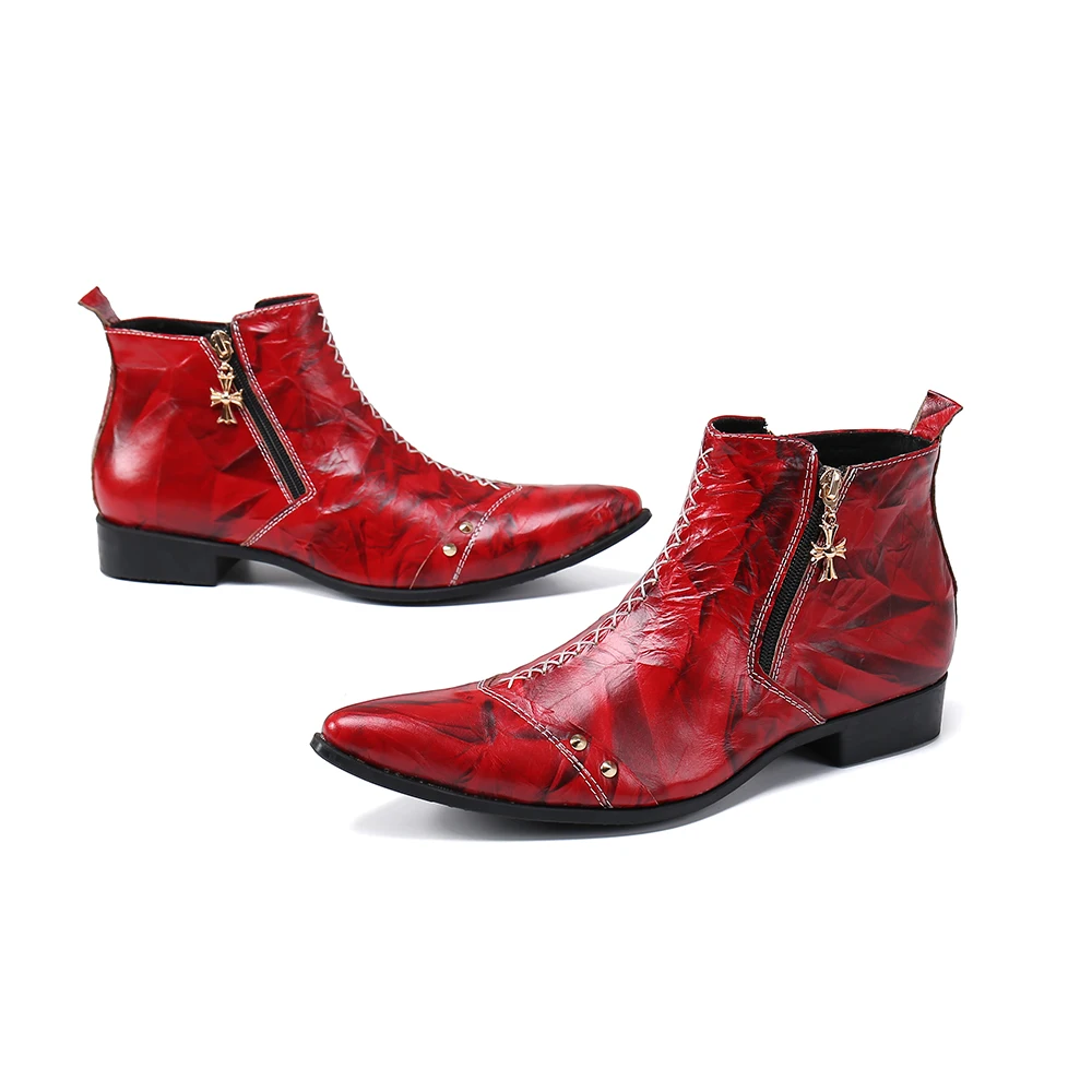 Autumn Red high-Top Trendy Party Dress Shoes Men Ankle Boots British Men\'s Pointed Toe Genuine Leather Short Boots Western Boots