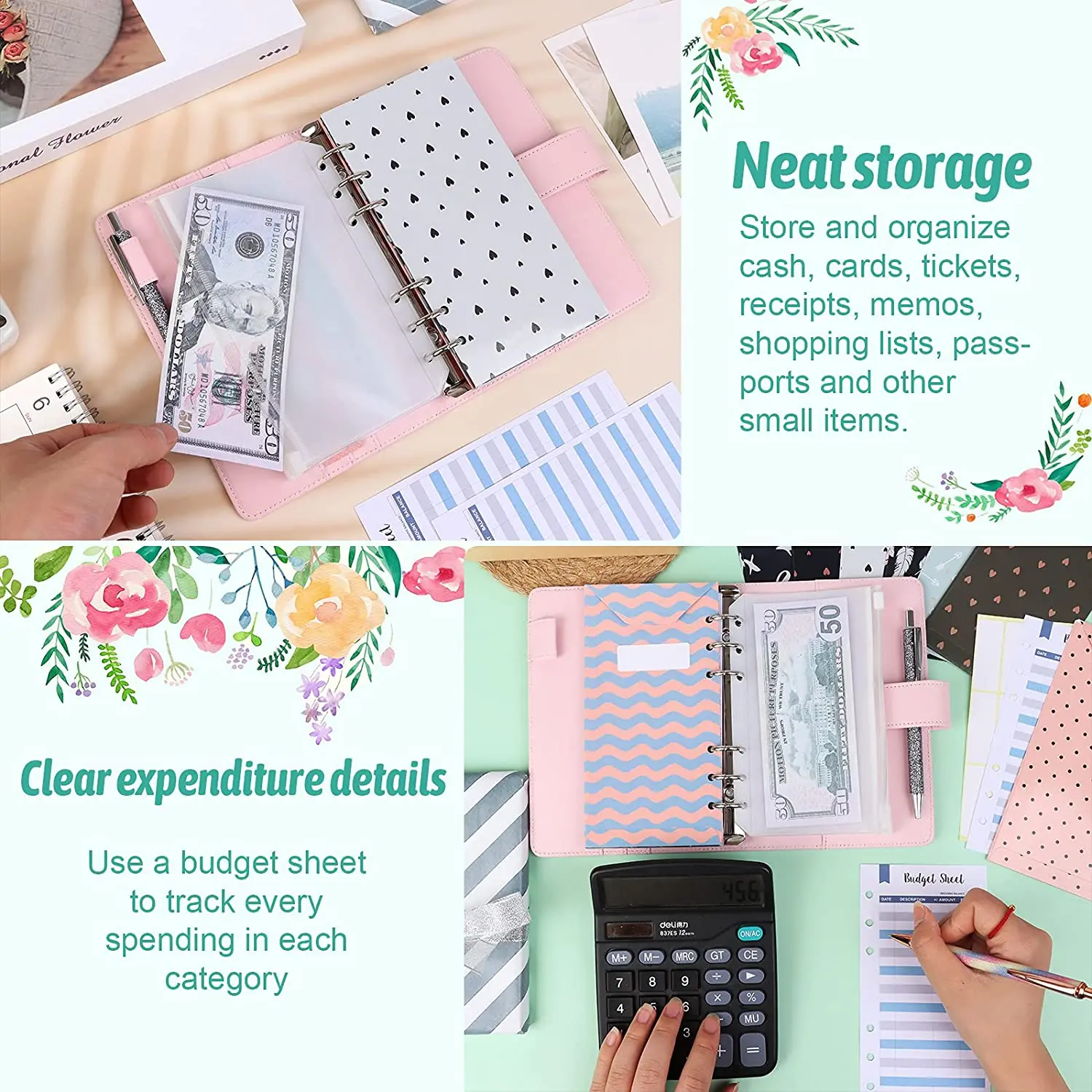 31 Pieces PU Leather Budget Binder Cash Envelope System with 12PCS Budget Money Envelopes and Expense Sheets, 4 Binder Pockets