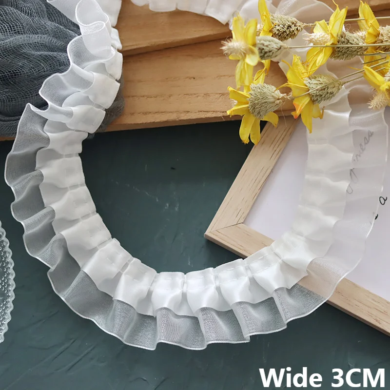 3CM szerokości podwójna warstwa Organza satyna 3d plisowane tkaniny koronki aplikacja zasłony sukienki kołnierz wykończone frędzlami DIY szycia