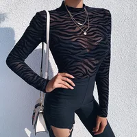 Black Mesh Transparent Sexy Bodysuit Long Sleeve Slim Skinny Stripe Mock Neck Casual Rompers Women Lady Party Club Body - Image 5