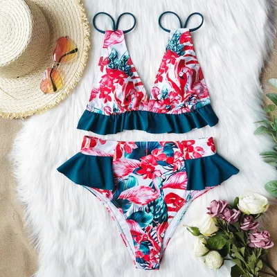 New Ruffled Bikini Print Two-Piece Swimsuits Women\'s Hot Selling European and American Fashion Pastoral Street Swimsuit Bikini