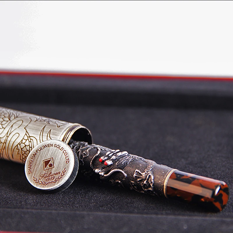 Fuliwen 14K Fountain Pen Celluloid Cap Oriental Dragon Medium Point 0.7mm & Wooden Gift Box For Nostalgic Collection